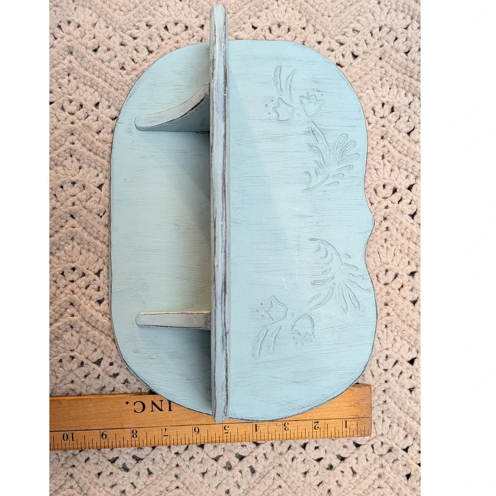 Vintage Handcrafted Light Blue Wood Wall Shelf Floral Carved Distressed 12.5in